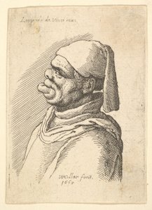 Büste eines deformierten Mannes mit Hut und dicker, hervorstehender Unterlippe im Profil nach links, 1625-77
