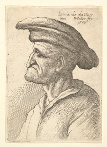 Büste eines älteren Mannes mit einer Nase, die seine Unterlippe trifft, mit breitem flachem Hut im Profil, 1665 von Wenceslaus Hollar