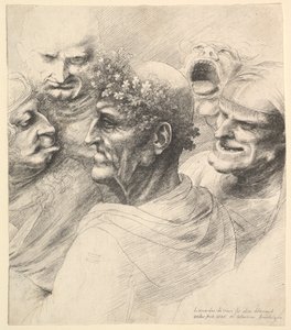 Fünf groteske Köpfe, darunter ein älterer Mann mit einem Eichenblattkranz von Wenceslaus Hollar