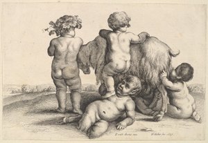 Vier Jungen, ein junger Satyr und eine Ziege, 1647 von Wenceslaus Hollar