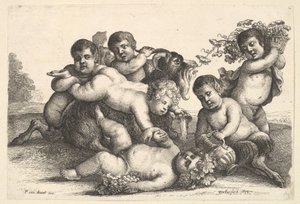 Vier Jungen, zwei Satyrn und eine Ziege von Wenceslaus Hollar
