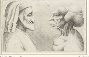 Missgestaltete Karikaturköpfe eines Mannes mit Mütze (Dante?) und einer Frau