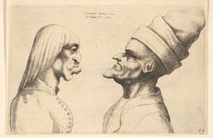 Zwei deformierte Köpfe, die sich gegenüberstehen, 1645