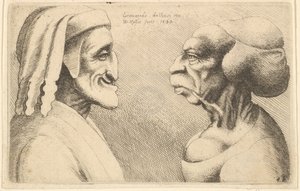 Zwei deformierte Köpfe, die Figur links ist möglicherweise eine Karikatur von Dante, 1645