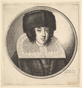Frau mit steifem Spitzenkragen und flach gekröntem Pelzhut, 1645