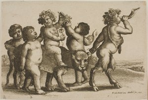 Junger Bacchus reitet auf einem Leoparden, geführt von einem Satyr, der ein Horn bläst