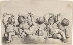 Drei Cherubim und zwei Jungen, die jeweils einen Arm auf Wolken heben von Wenceslaus Hollar, after Peeter van Avont