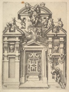 Entwurf für eine architektonische Struktur mit Jagdmotiv, Platte 74 aus Dietterlins Ar..., 1598