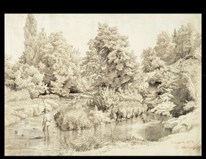 Erkrath, Landschaft mit Bach und angelndem Jungen von Werner Holmberg