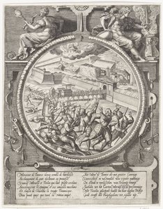 Die Truppen von Bourse vertreiben die deutschen Soldaten von Treslong und Merville aus der Zitadelle, 1577 (Serientitel: Medaillons mit der Eroberung der Zitadelle von Antwerpen 1577) von Wierix