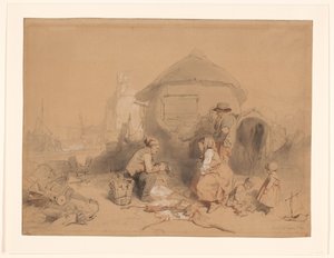 Gespräch am Strand bei einem zum Wohnhaus umgebauten Boot von Wijnand Nuijen (signed by artist)