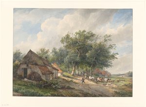 Landschaft mit Bauernhöfen und Vieh