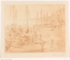 Festgemachte Schiffe am Ufer des Ganges in Benares von Wijnand Otto Jan Nieuwenkamp (signed by artist)