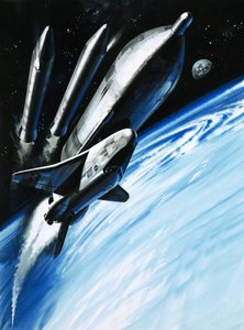 Das Space Shuttle im Moment, in dem es zwei seiner Raketentriebwerke abwirft von Wilf (20th century) Hardy