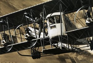 Zwei Besatzungsmitglieder zwischen den Drähten und Streben eines Ilia Mourometz II Bombers beim Löschen eines Triebwerksbrandes von Wilf (20th century) Hardy