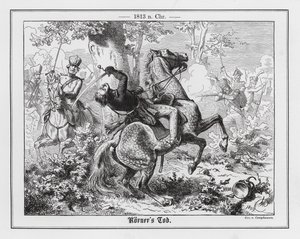 Tod des deutschen Dichters und Soldaten Theodor Körner bei der Verfolgung der Franzosen in Gadebusch von Wilhelm Camphausen