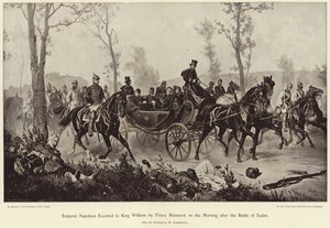 Kaiser Napoleon wird am Morgen nach der Schlacht von Sedan von Prinz Bismarck zu König Wilhelm eskortiert