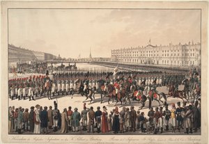 Eine Überprüfung der russischen Infanterie auf dem Palastplatz in St. Petersburg, 1809-1813