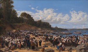Kirchgänger kommen mit dem Boot zur Pfarrkirche von Leksand am Siljansee, Schweden
