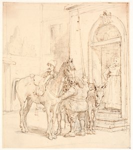 Don Quixote und Sancho Pansa vor dem Wirtshaus