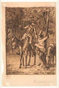 Vor dem Kampf mit dem Spiegelritter hilft Don Quixote Sancho Pansa auf einen Baum von Wilhelm Marstrand