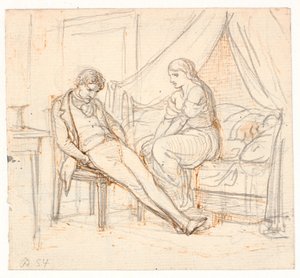 Innenraum mit melancholischem jungen Mann und einem Mädchen auf einem Bett von Wilhelm Marstrand