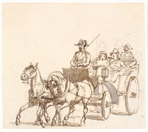 Landauer. Kutscher mit dreieckigem Hut, Herrschaft und Diener