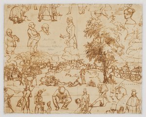 Landschaft mit Pferdewagen und zahlreichen Figurenskizzen von Wilhelm Marstrand