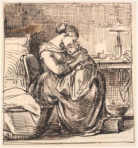 Mutter mit schlafendem Kind auf dem Schoß im Schlafzimmer von Wilhelm Marstrand