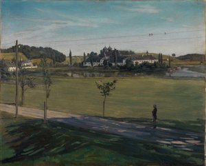 Landschaft bei Kloster Seeon mit Telegraphenstange von Wilhelm Trübner