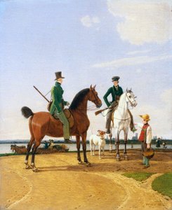 Jäger und Herr am Fluss Isar mit Blick auf München von Wilhelm von Kobell
