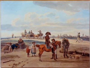Reiter, Bauern und Fuhrwerk vor einer Stadt