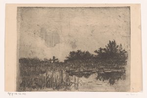 Teich mit Schilf und Windmühle bei Giethoorn