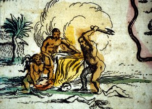 Brasilien. Kannibalen, die einen Mann mit einer Axt darstellen. Detail einer Karte des Atlas von W. Blaeu