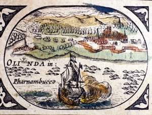 Brasilien, Ansicht von Pernambuc (Recife), Atlas von W. G. Blaeu, Amsterdam 1600