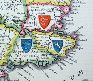 Schilde von Sussex, Kent und Essex aus der Heptarchie; ein Sammelname für die angelsächsischen Königreiche Süd-, Ost- und Mittelenglands in der Spätantike und im frühen Mittelalter