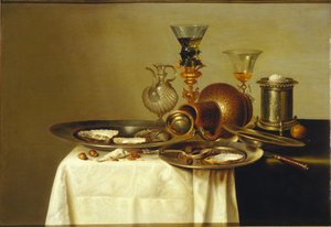Stillleben mit einem Römer auf einem vergoldeten Ständer, Steinzeug und Austern, 1637