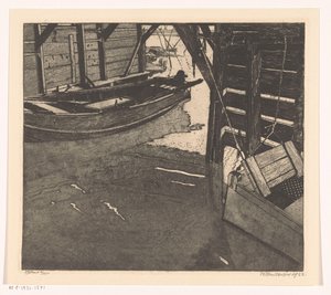 Interieur eines Schuitenhauses mit einem Fischkorb und einem eingebauten Fischkorb von Willem Jansen (graveur) (signed by artist)