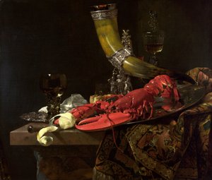 Stillleben mit dem Trinkhorn der St. Sebastian Schützengilde, Hummer und Gläsern von Willem Kalf