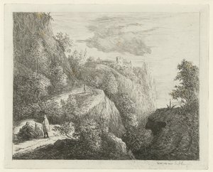 Berglandschaft mit ruhenden Figuren am Straßenrand