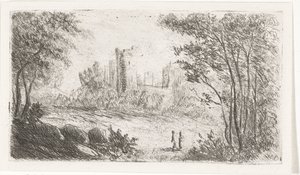 Landschaft mit Ruine eines Schlosses und zwei Figuren