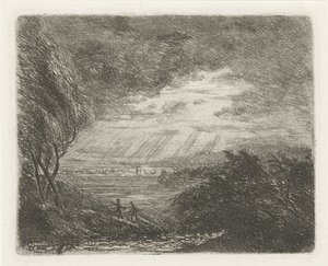 Landschaft mit zwei Figuren bei Sturm und Regen