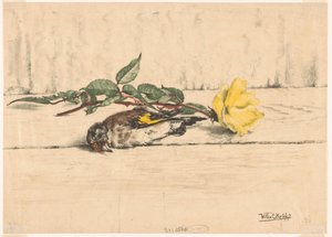 Toter Stieglitz neben einer Rose liegend