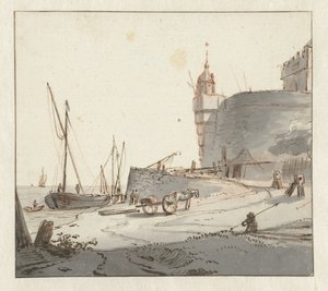 Ansicht eines Hafens bei einer Stadtmauer