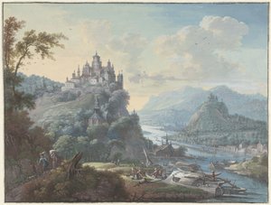 Flusslandschaft mit einer Stadt auf einem Hügel