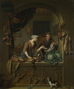 Frau und Fischhändler in der Küche