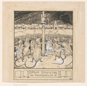 Willy klettert auf einen Pfahl, während die Mäuse zuschauen von Ludwig Willem Reymert Wenckebach