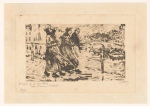 Drei Frauen auf einer Brücke bei Wind und Regen von Willem Witsen (signed by artist)