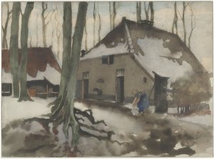 Frau vor einem Haus in einem verschneiten Wald von Willem Arnoldus Witsen