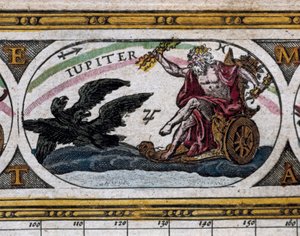 Darstellung des Gottes Jupiter, der in seinem Wagen gegen schwarze Adler kämpft (Gravur) in "Le Theatre du Monde" von Willem and Joan  Blaeu